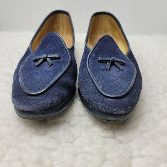 Belgian  Midinette Womsn's Slippers Shoes Size 7 Navy Blue Suede Loafers Bow Tie - Picture 2 of 12
